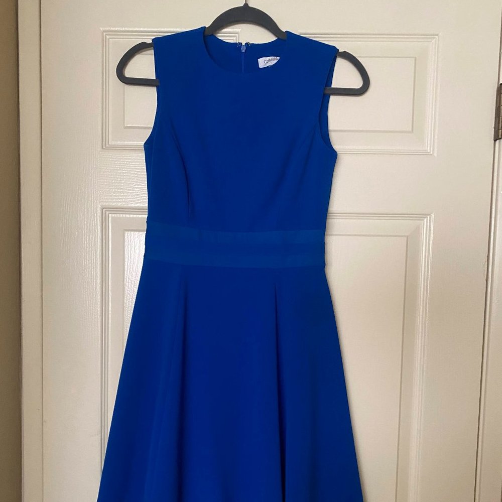 Calvin Klein Crew Neck Sleeveless Crepe Fit and Flare Dress in Royal Blue